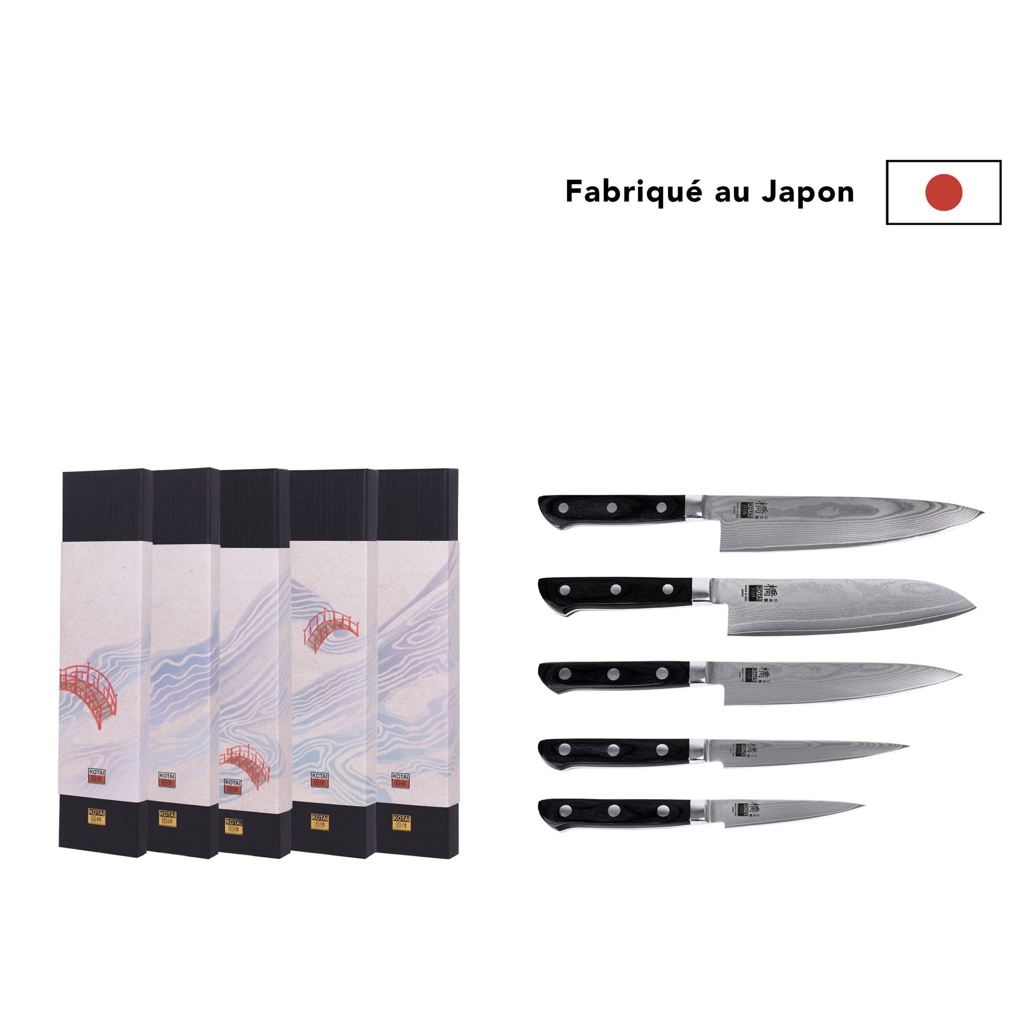 Le Set Complet : 5 couteaux (office 9cm + universel 12cm + petty 15cm + santoku 18cm + gyuto 21cm)