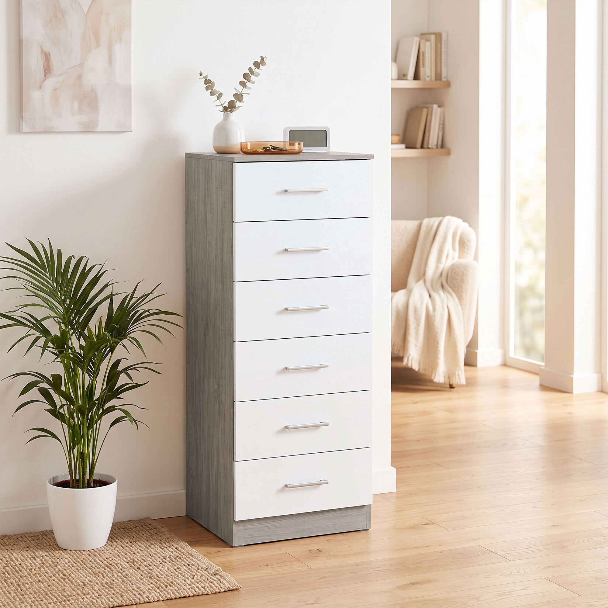 Cómoda de 6 Cajones, Cajonera para Dormitorio Alta y Estrecha, Sinfonier para Salón, Vestidor, Entrada, 40x40x110 cm, Gris Claro y Blanco