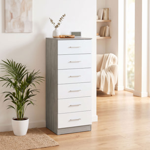 Cómoda de 6 Cajones, Cajonera para Dormitorio Alta y Estrecha, Sinfonier para Salón, Vestidor, Entrada, 40x40x110 cm, Gris Claro y Blanco