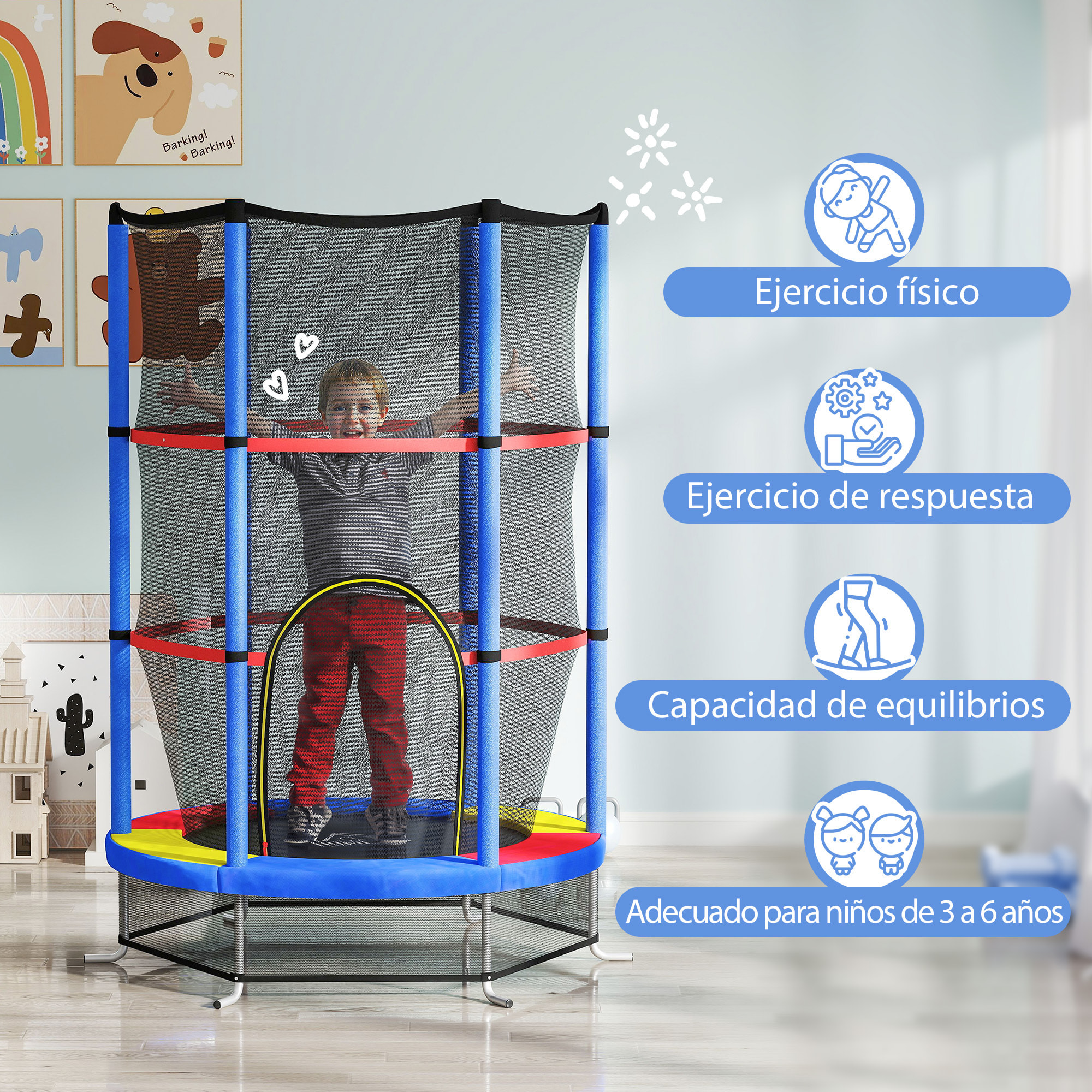 Cama Elástica Infantil Ø140x190 cm Trampolín para Niños de 3-6 Años con Red de Seguridad Carga 45 kg para Interior Multicolor