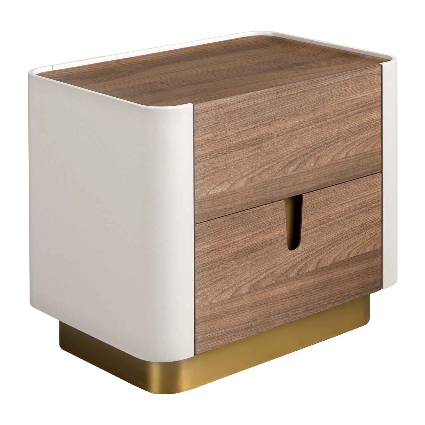 Mesita de noche con estructura de madera chapada en nogal natural y madera MDF lacada en beige base de acero inoxidable pulido en dorado 60x42x50cm