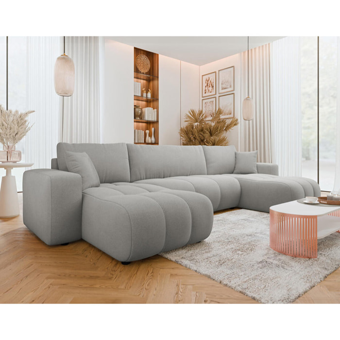 Nicole - Canapé panoramique en U 7 places convertible avec coffre en tissu - Gris clair