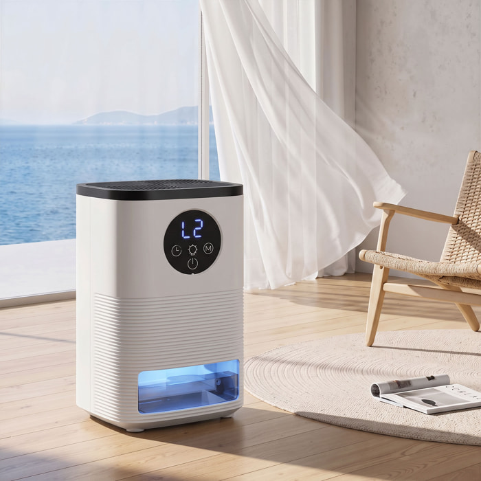 HOMCOM Deshumidificador 0,3L/Día, Deshumidificador de Humedad Pequeño Silencioso, para 15 ㎡, Luz RGB, Depósito 1,4 Litros, Temporizador de 24H, Pantalla LED, Secado Ropa, para Dormitorio, Baño, Blanco