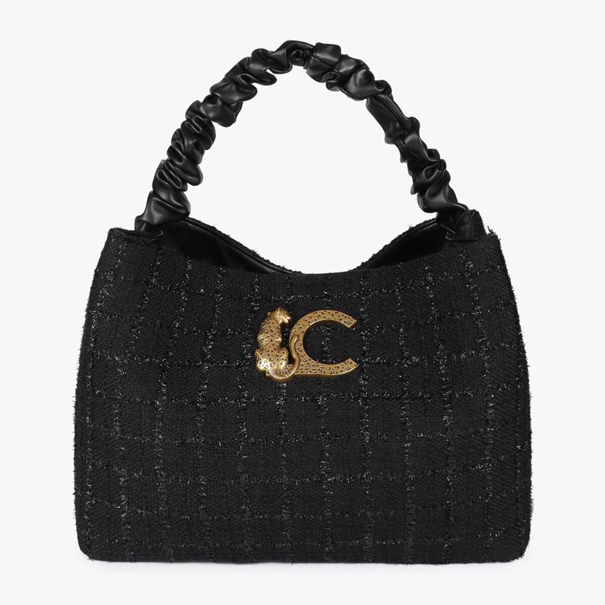 Borsa in Tweed con Manico Arricciato e Logo LC Leopardo