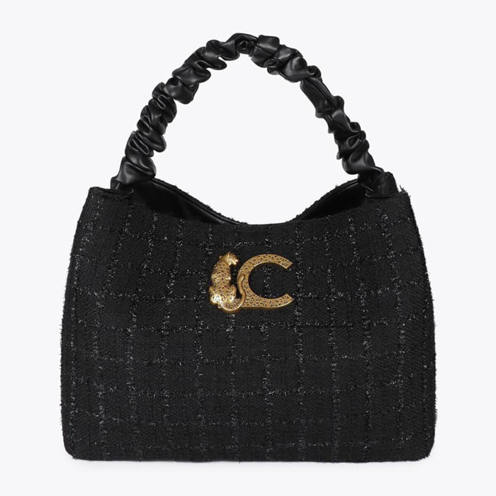 Borsa in Tweed con Manico Arricciato e Logo LC Leopardo