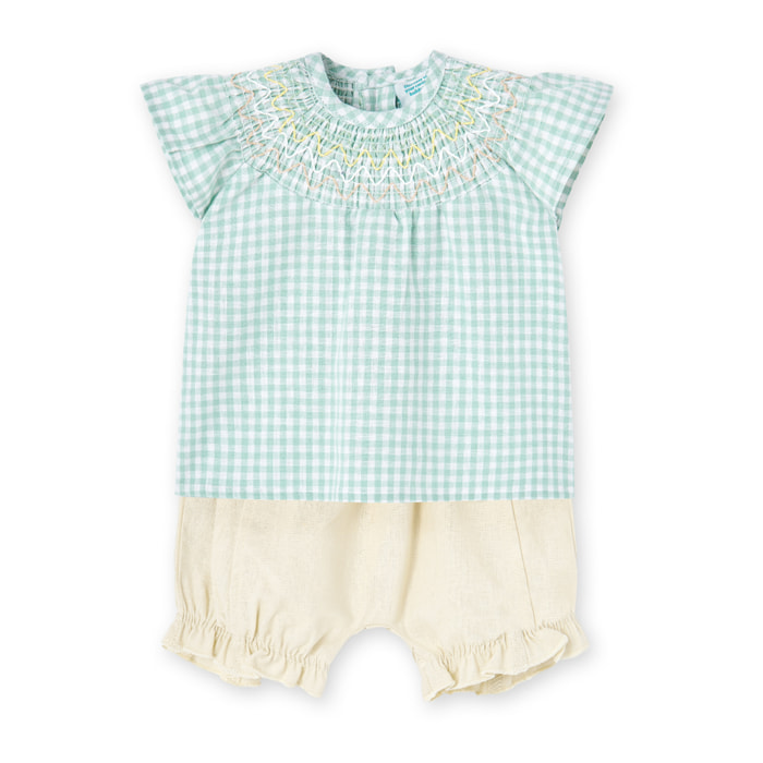Conjunto combinado niÃ±a, algodÃ³n, estampado cuadros, verde