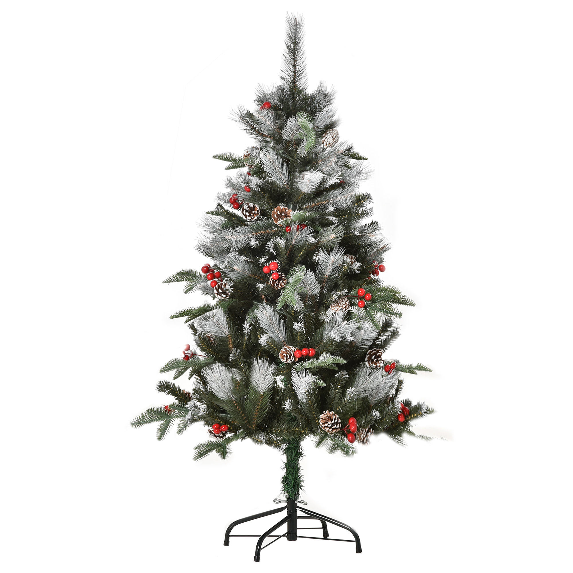 HOMCOM Árbol de Navidad Artificial 120 cm con 266 Ramas 27 Piñas y 27 Bayas Hojas de PVC PE Base Plegable y Soporte Metálico Decoración Navideña para Interiores Verde