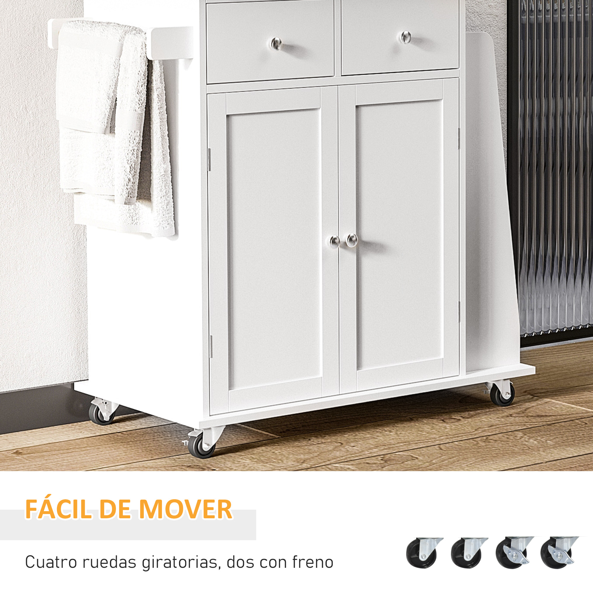 Carro de Cocina Auxiliar con Ruedas Carrito de Servicio con 2 Cajones de Regulable y Barra para Colgar 89x45x89,5 cm Blanco