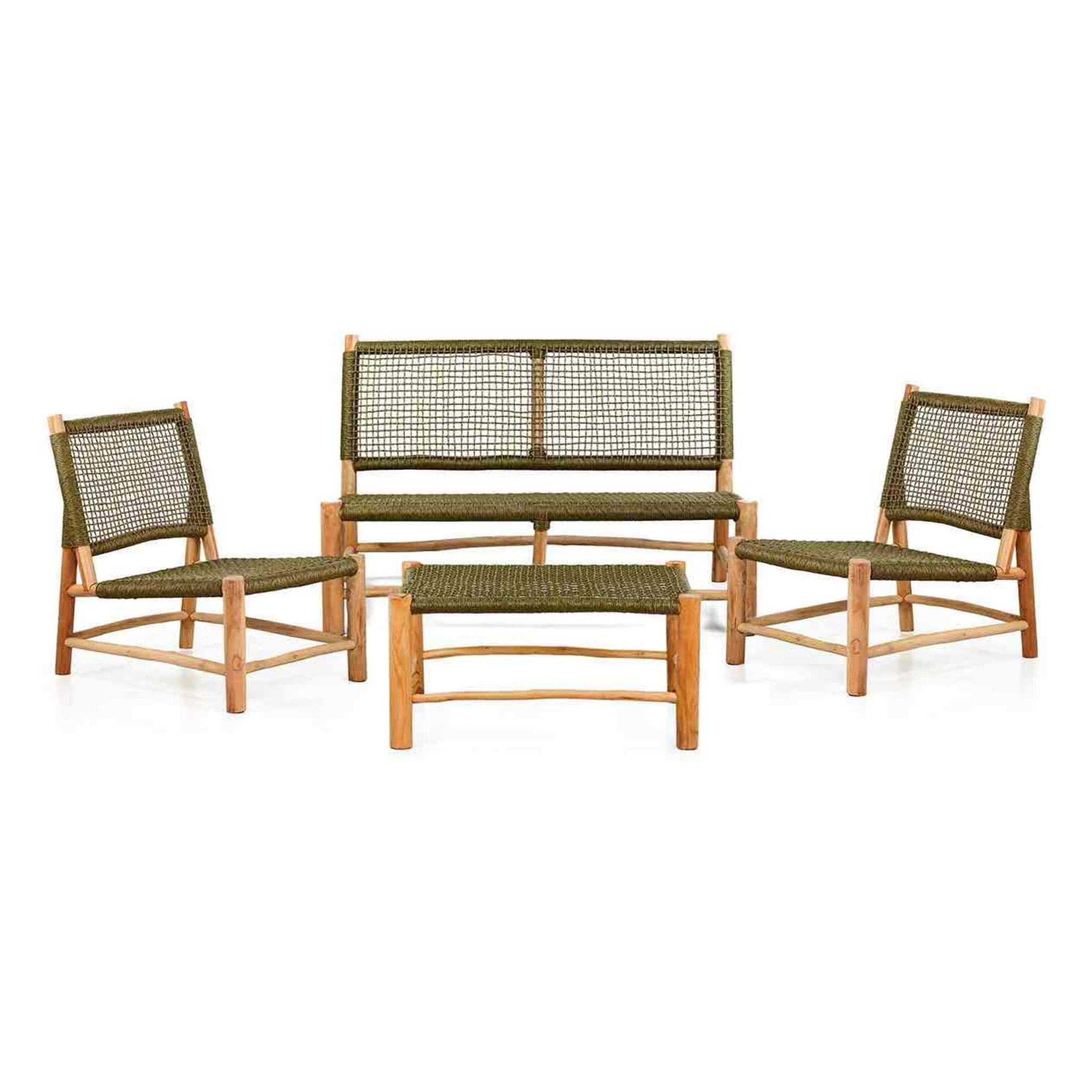 Set da giardino divano e 2 poltrone in teak e corda verde - Terra