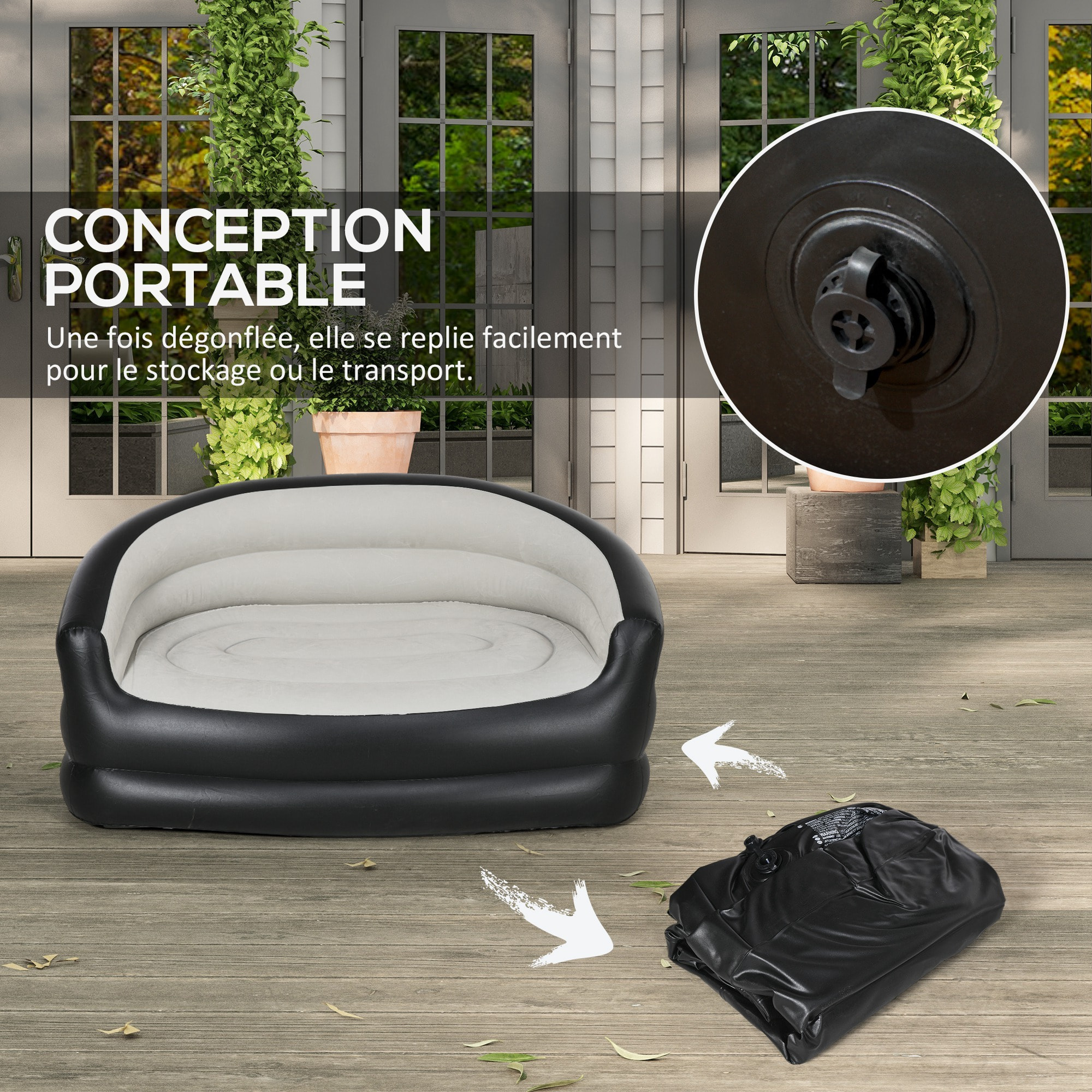 Canapé gonflable pour l'extérieur 2 places canapé d'air dim. 138L x 87l x 71H cm gris noir