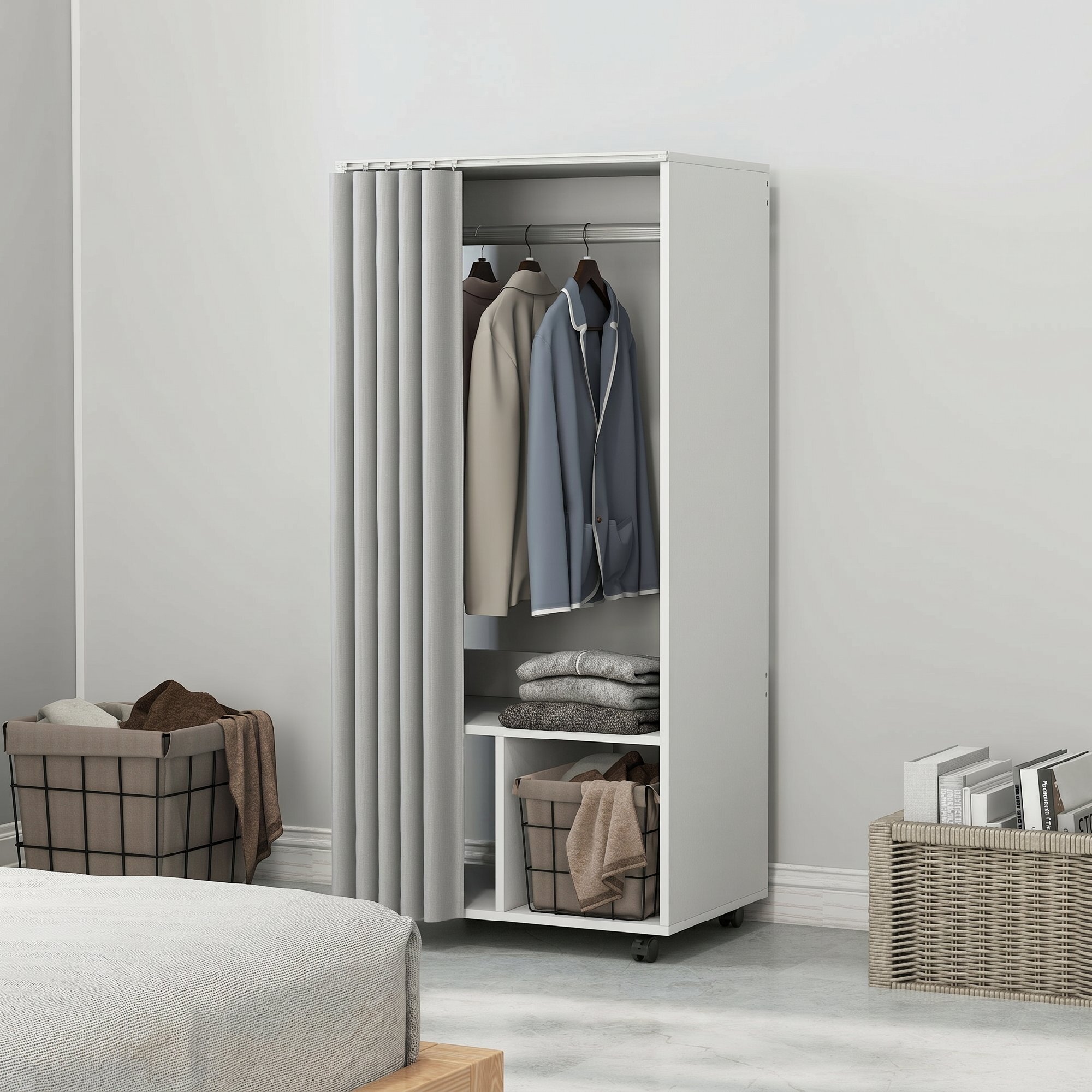 HOMCOM Armario Ropero con Ruedas, Armario para Ropa con Cortina, Barra para Colgar, 2 Compartimentos, Organizador de Ropa para Dormitorio, 60x40x128 cm, Blanco