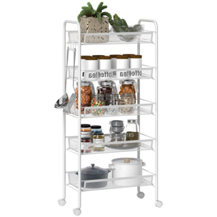 Carrito Auxiliar con Ruedas, Carrito de Cocina de 5 Niveles, con 4 Ganchos, Carga 15 kg, para Comedor, Sala de Estar, Baño, 45x26,5x106 cm, Blanco