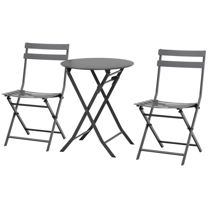 Salon de jardin bistro pliable - table ronde Ø 60 cm avec 2 chaises pliantes - métal thermolaqué gris
