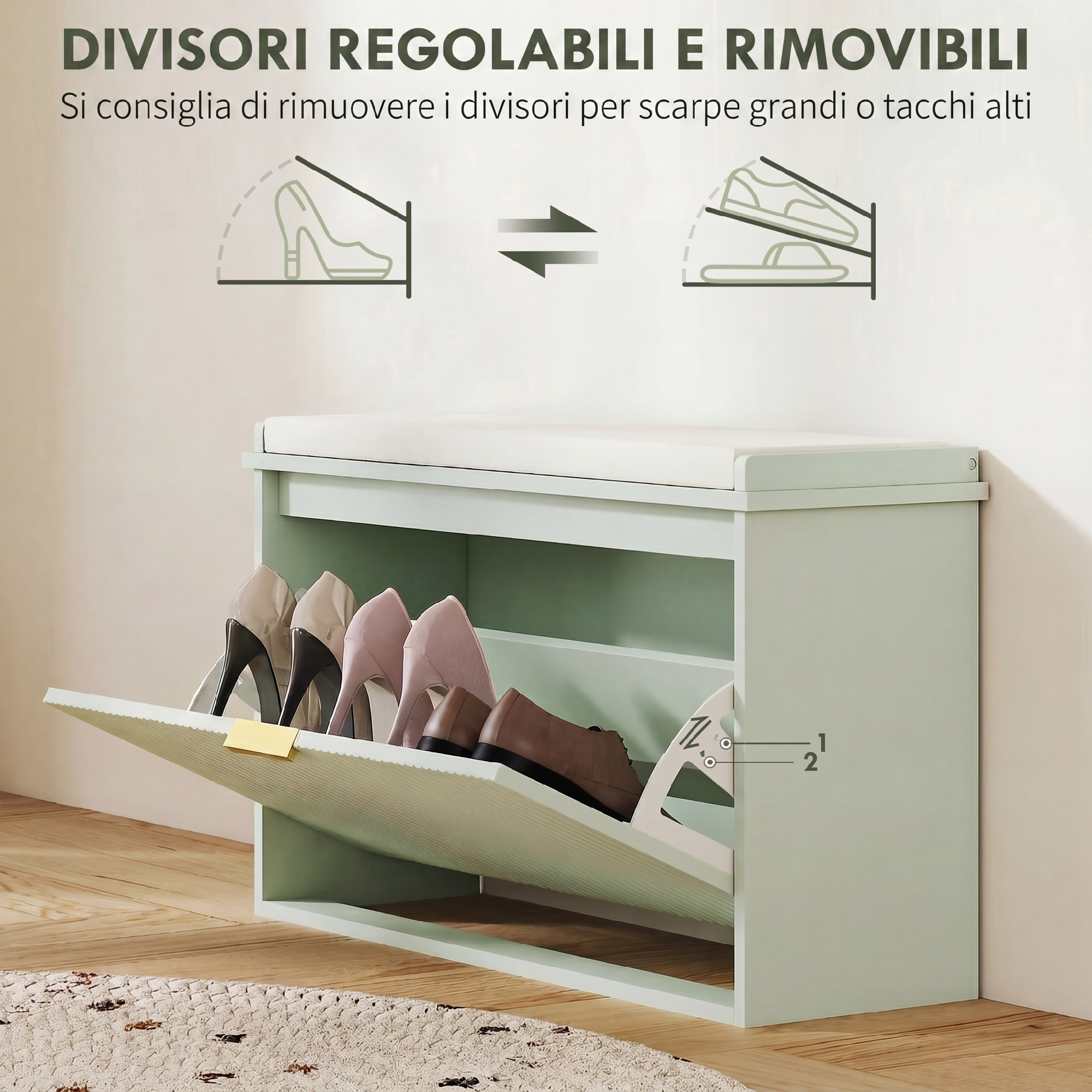 Banco Zapatero Estrecho, Banco Recibidor con Asiento Acolchado, Cajón Abatible y Estante Ajustable, para 8 Pares de Zapatos, para Entrada, Dormitorio, 80x26x47,5 cm, Verde Claro