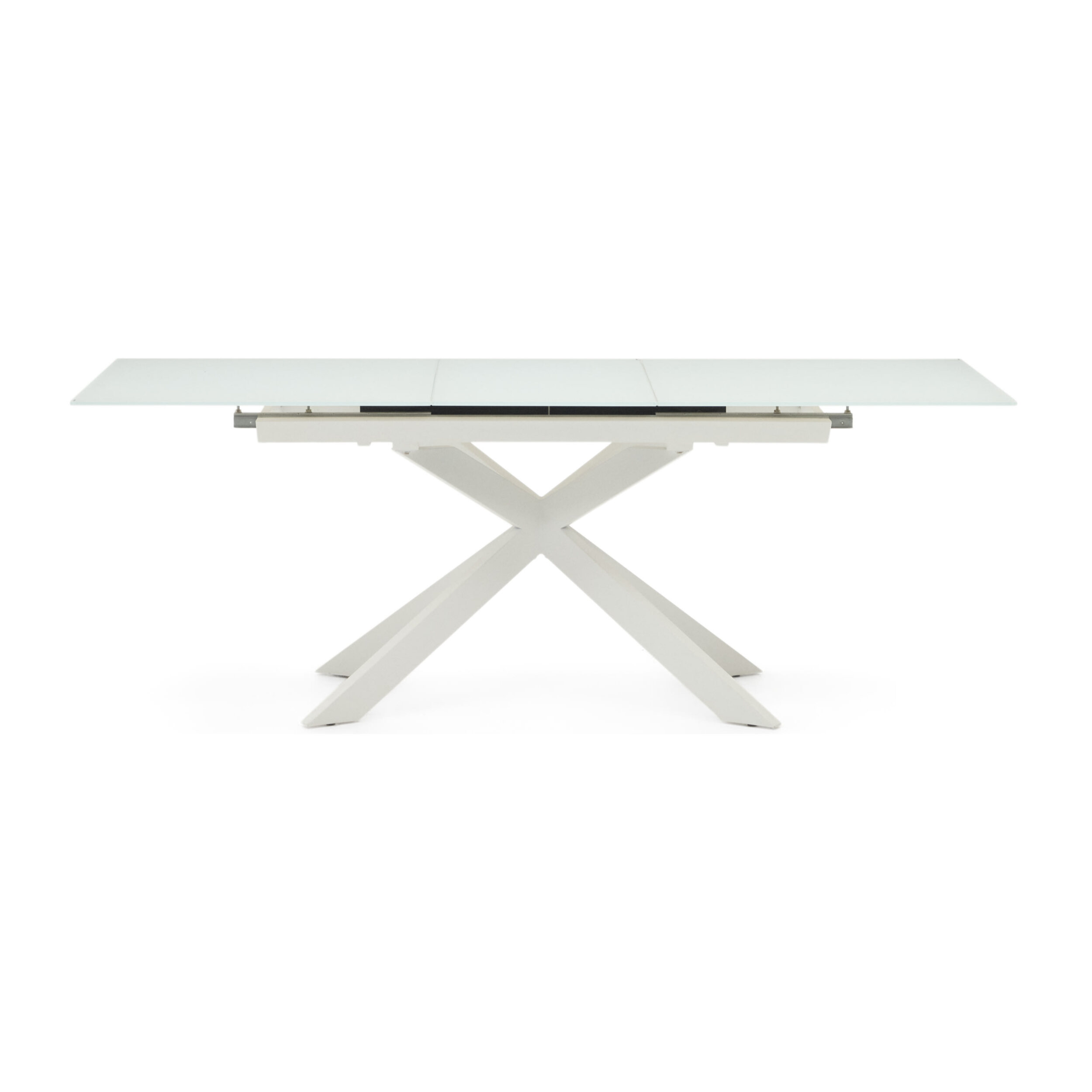 Mesa extensible Atminda cristal templado y patas de acero acabado blanco 160 (210) x 90 cm