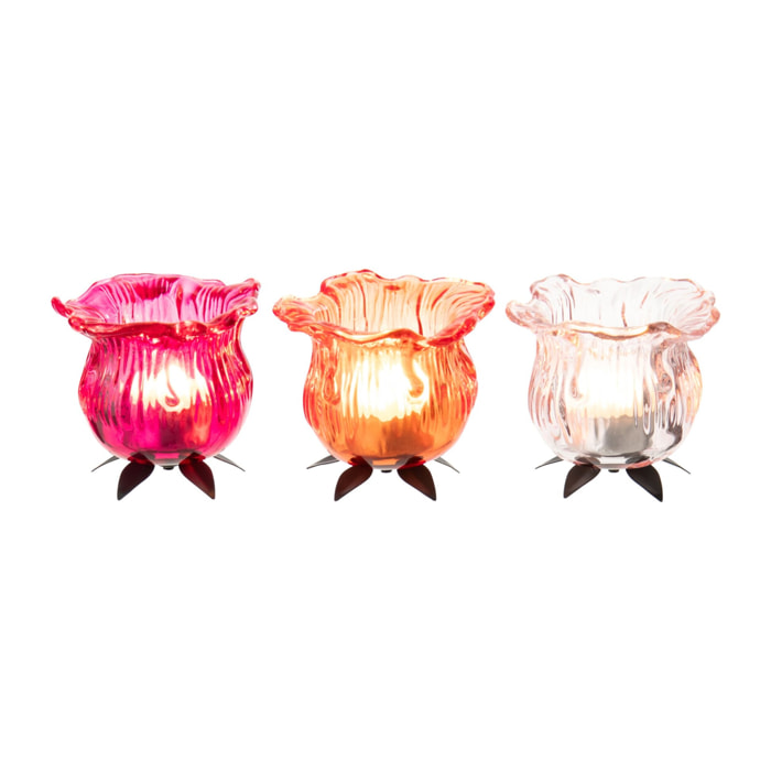 J-Line Photophore Fleur - verre - orange/rose - 3 pièces
