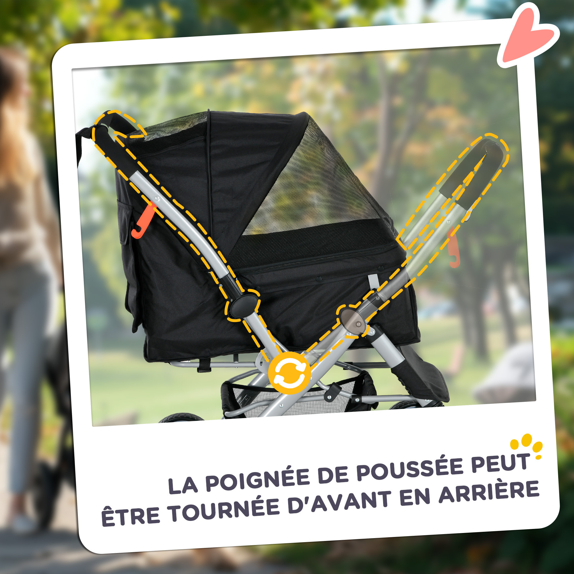 Poussette buggy pliable chien chat panier et sac de rangement attaches sécurité housse réglable poignée réversible acier Oxford noir