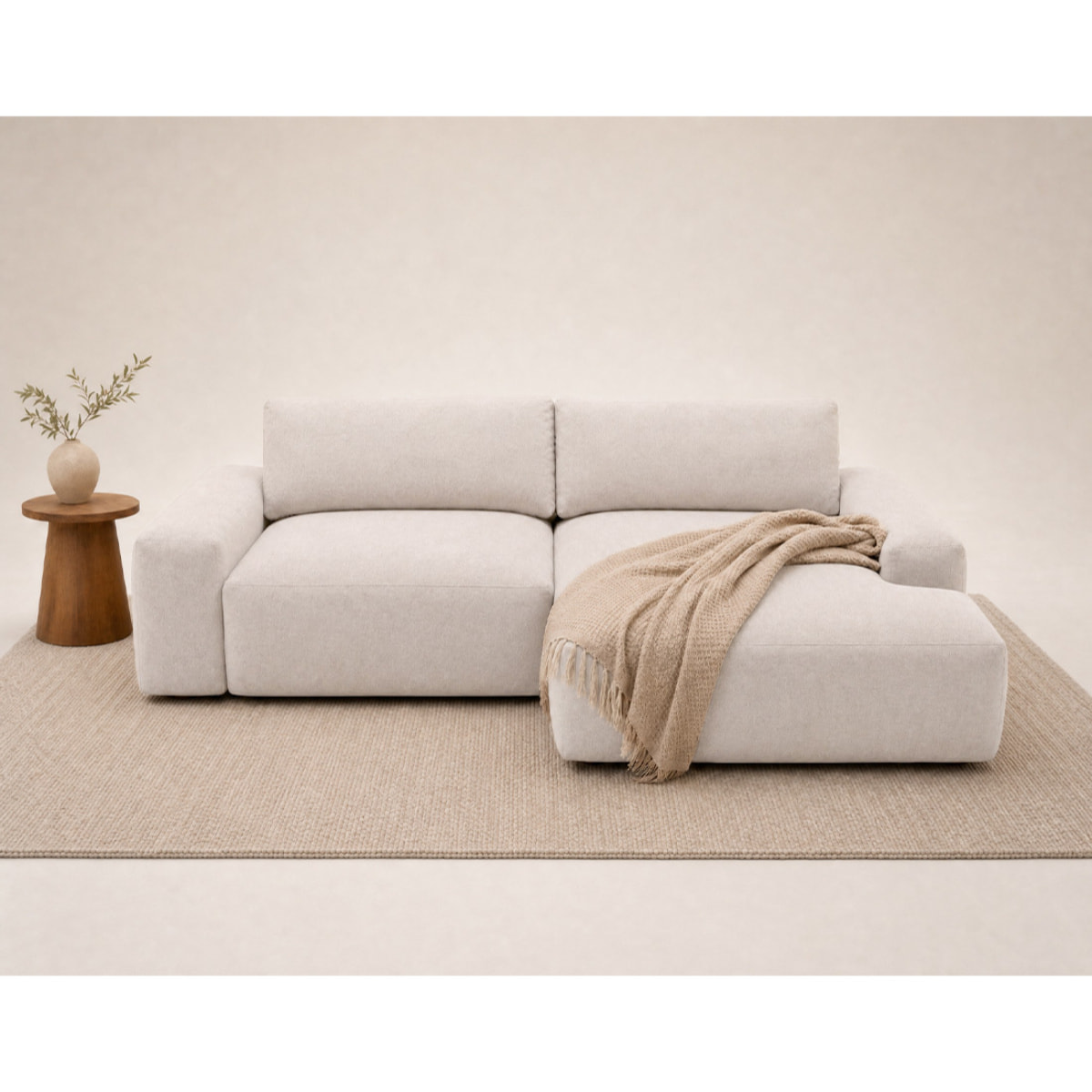 Tama - Canapé d'angle droit 4 places convertible avec coffre en tissu - Beige