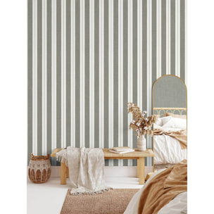 Papier peint rayures tissé gris foncé filet or