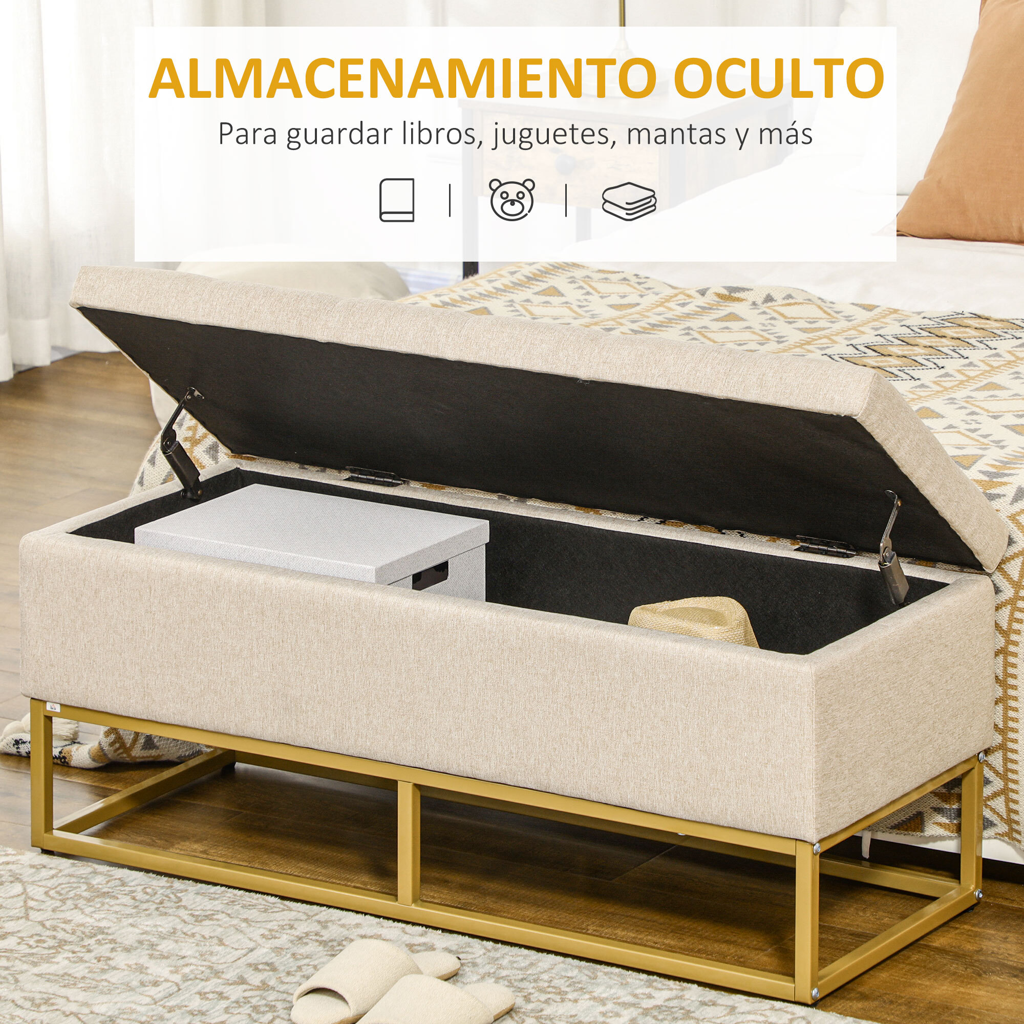 Banco de Almacenamiento Otomana Rectangular Tapizado de Lino con Tapa Abatible y Patas de Acero para Salón Dormitorio Habitación 110x44x48 cm Beige