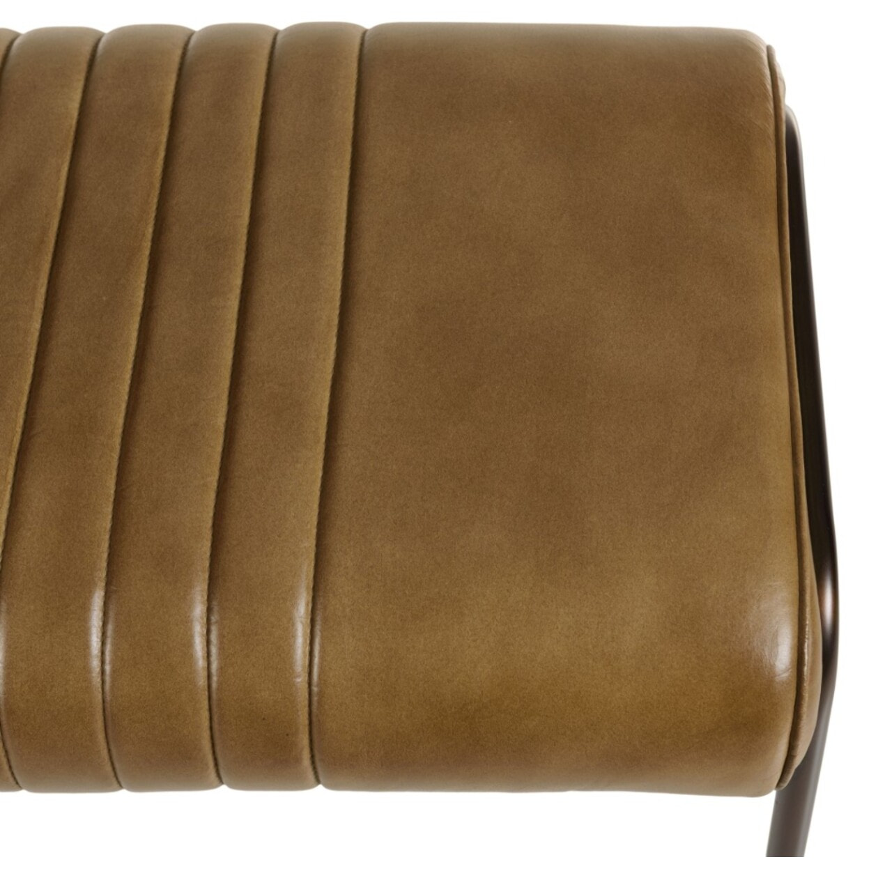 MARCEL - Banc matelassé en cuir marron et pieds acier