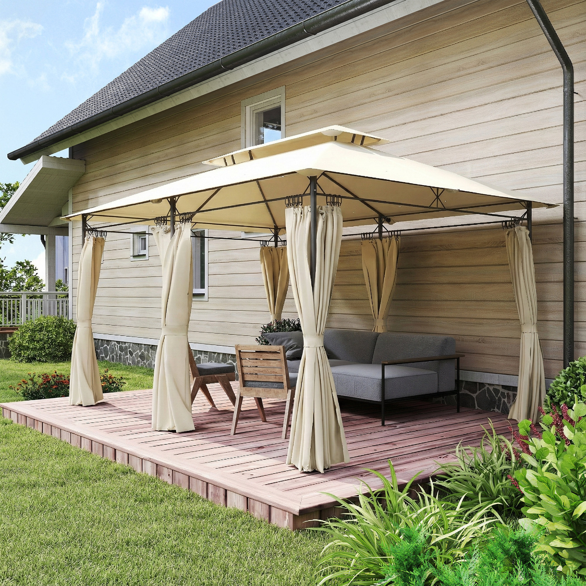 de Jardín 4x3 m, Pabellón de Jardín Gazebo con Doble Techo, 6 Paredes Laterales, Estructura Metálica, Orificios de Drenaje, Carpa para Exterior, Terraza, Patio, Beige