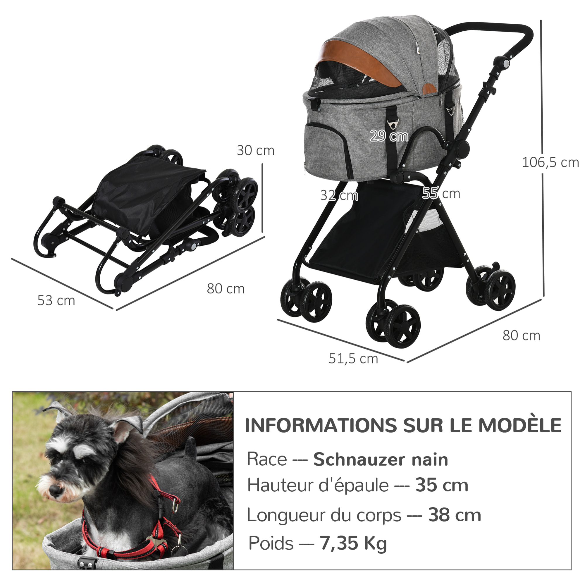 Poussette pour chien 2 en 1 sac de transport poussette - pliable, réglable - fenêtres - acier Oxford gris