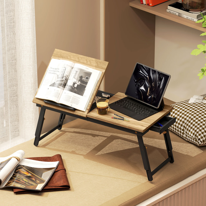Mesa Reclinable para Cama y Sofá, Bandeja Plegable con Cajón Lateral, para Ordenador Portátil y Libros, con Cinco Alturas, Patas Ajustables, Mesita Auxiliar de Bambú y MDF, 83,5x33x34 cm, Roble