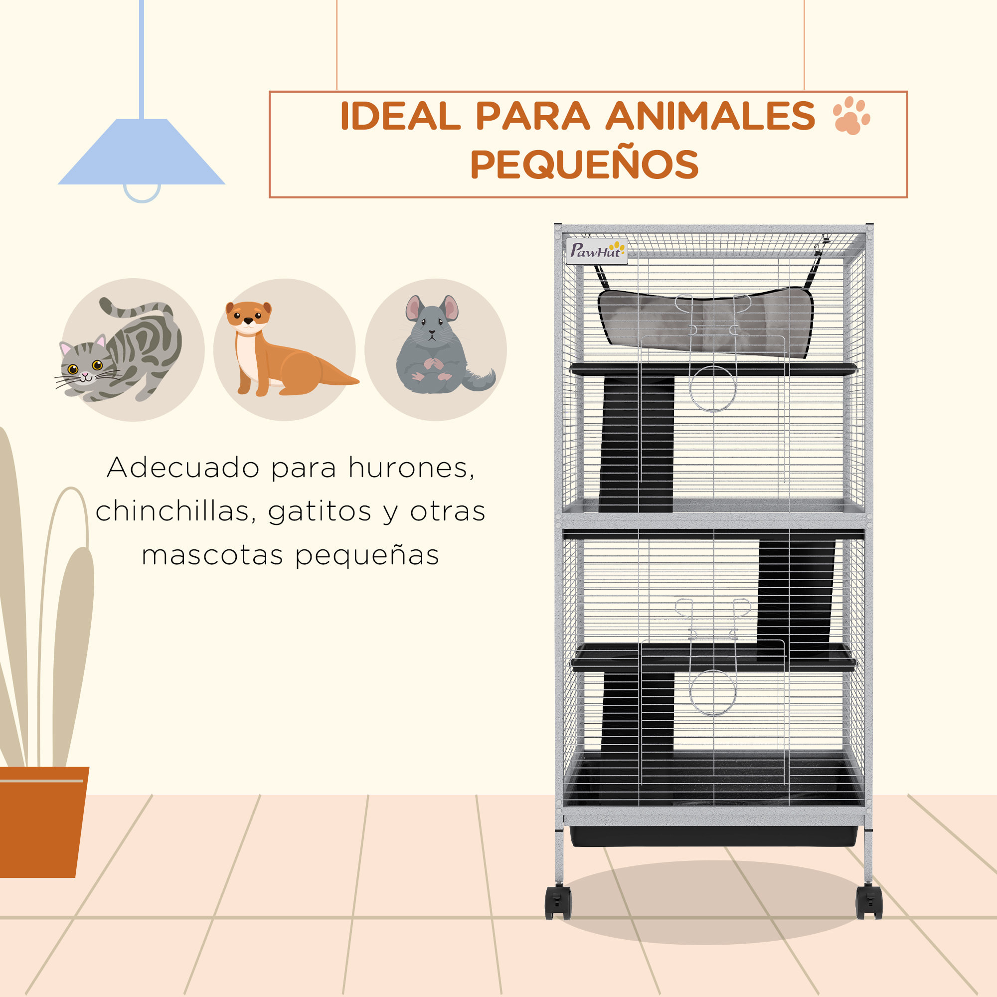 Jaula para Animales Pequeños de 4 Niveles Jaula para Roedores con Ruedas 2 Puertas 3 Rampas Hamaca Colgante y Bandeja Extraíble para Chinchillas 52x52x113,5 cm Blanco