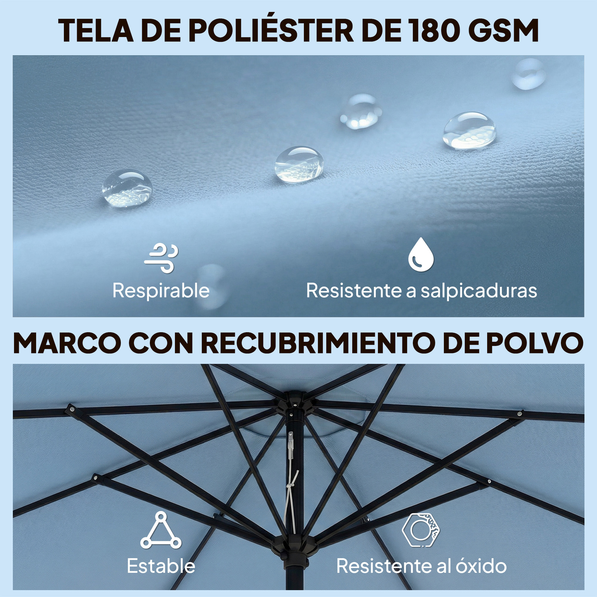 Sombrilla Terraza Exterior, Ø2,7 m, Sombrilla de Jardín con Inclinación Ajustable 3 Posiciones, Manivela y Volantes, Impermeable, Parasol para Playa, Patio, Terraza, Azul Celeste