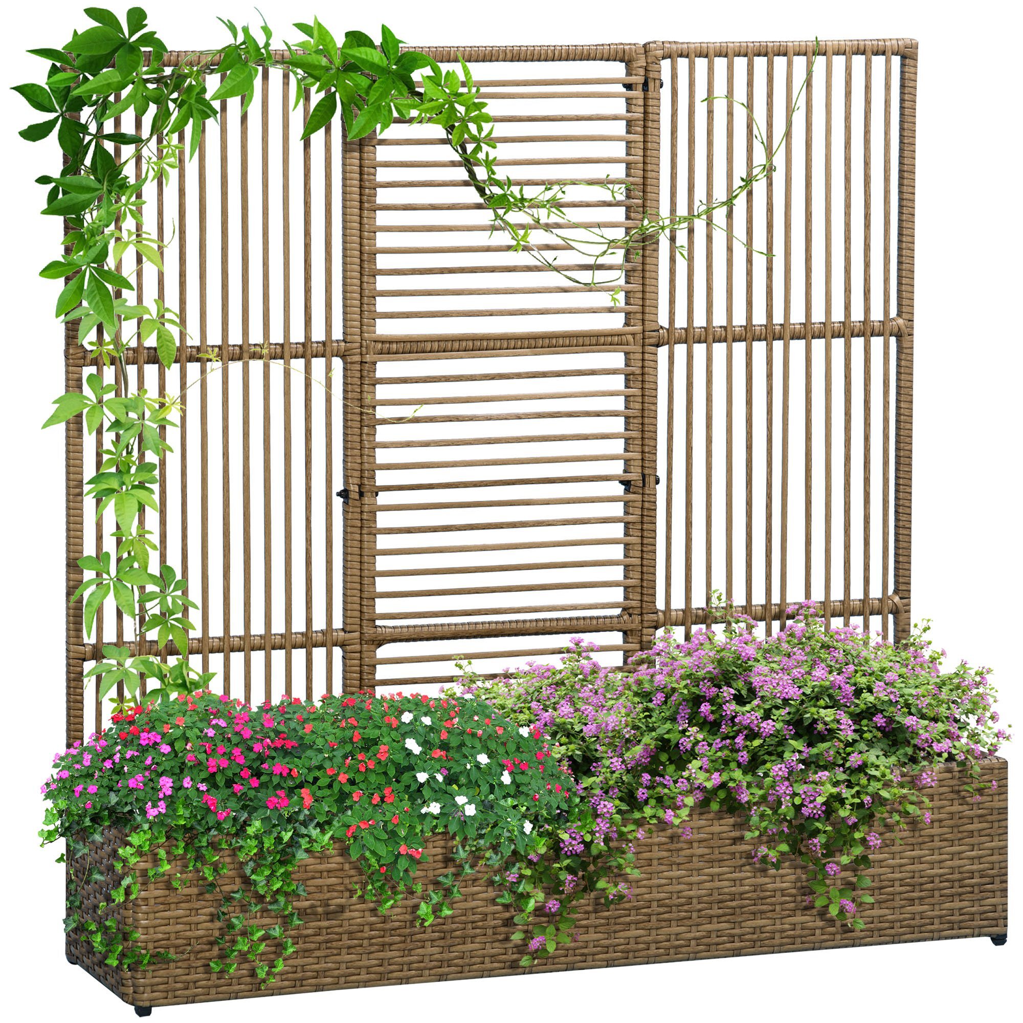 Jardinière avec treillis haut dim. 103L x 29l x 103H cm résine tressée PE aspect rotin marron