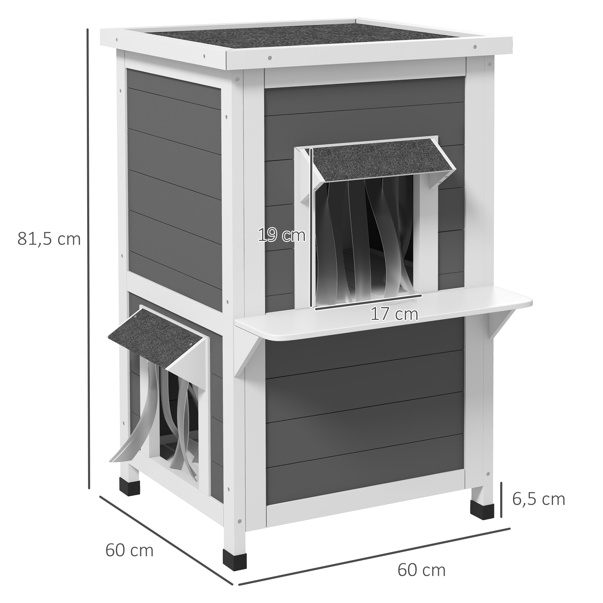 Caseta para Gatos de Madera 60x60x81,5 cm Casa para Gatos Refugio para Gatos de 2 Niveles con Cueva Cortina de Puerta Aleros Impermeables y Terraza Gris y Blanco