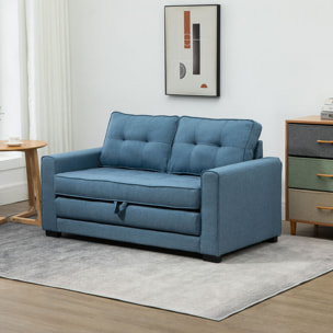 Canapé convertible 2 places design contemporain assise dossier capitonnés polyester aspect lin bleu