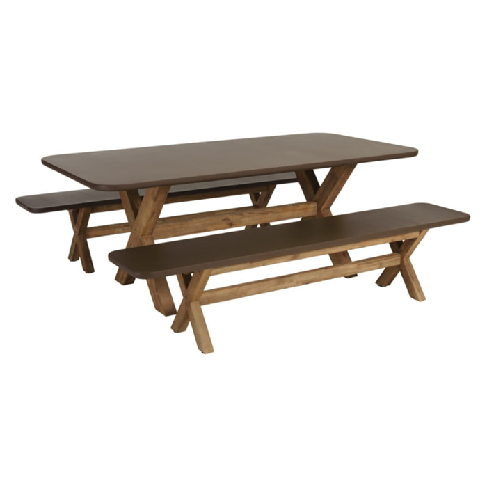 NESTOR - Ensemble table et bancs effet béton marron pieds en bois d'acacia