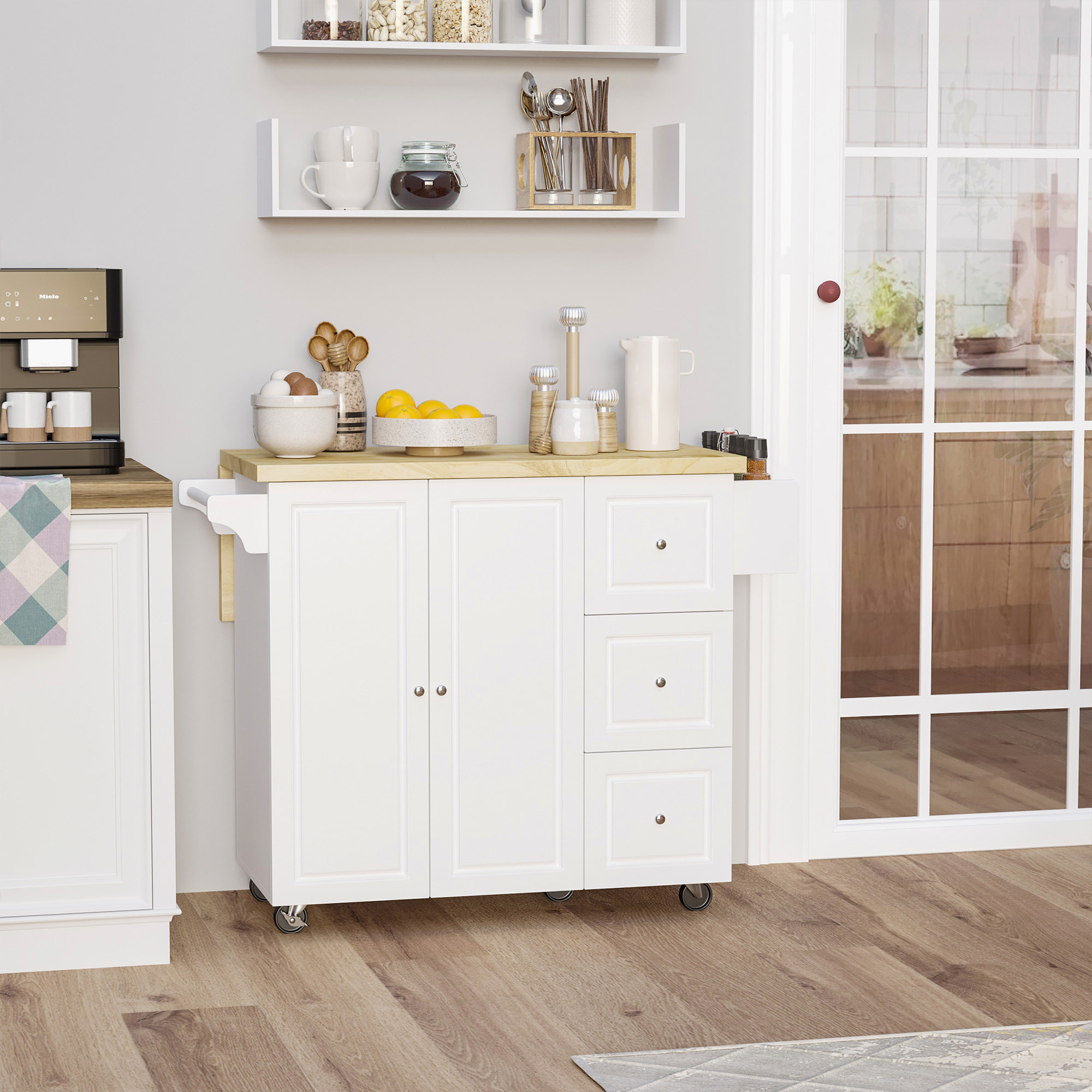 Desserte de cuisine multi rangement 3 tiroirs 2 portes avec étagère rack épices porte-torchons plateau rallonge hévéa MDF blanc