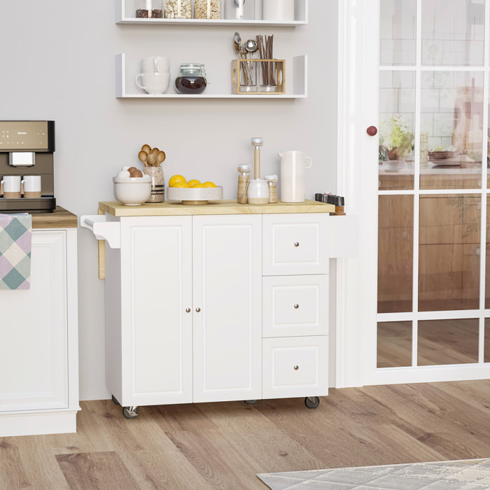 Desserte de cuisine multi rangement 3 tiroirs 2 portes avec étagère rack épices porte-torchons plateau rallonge hévéa MDF blanc