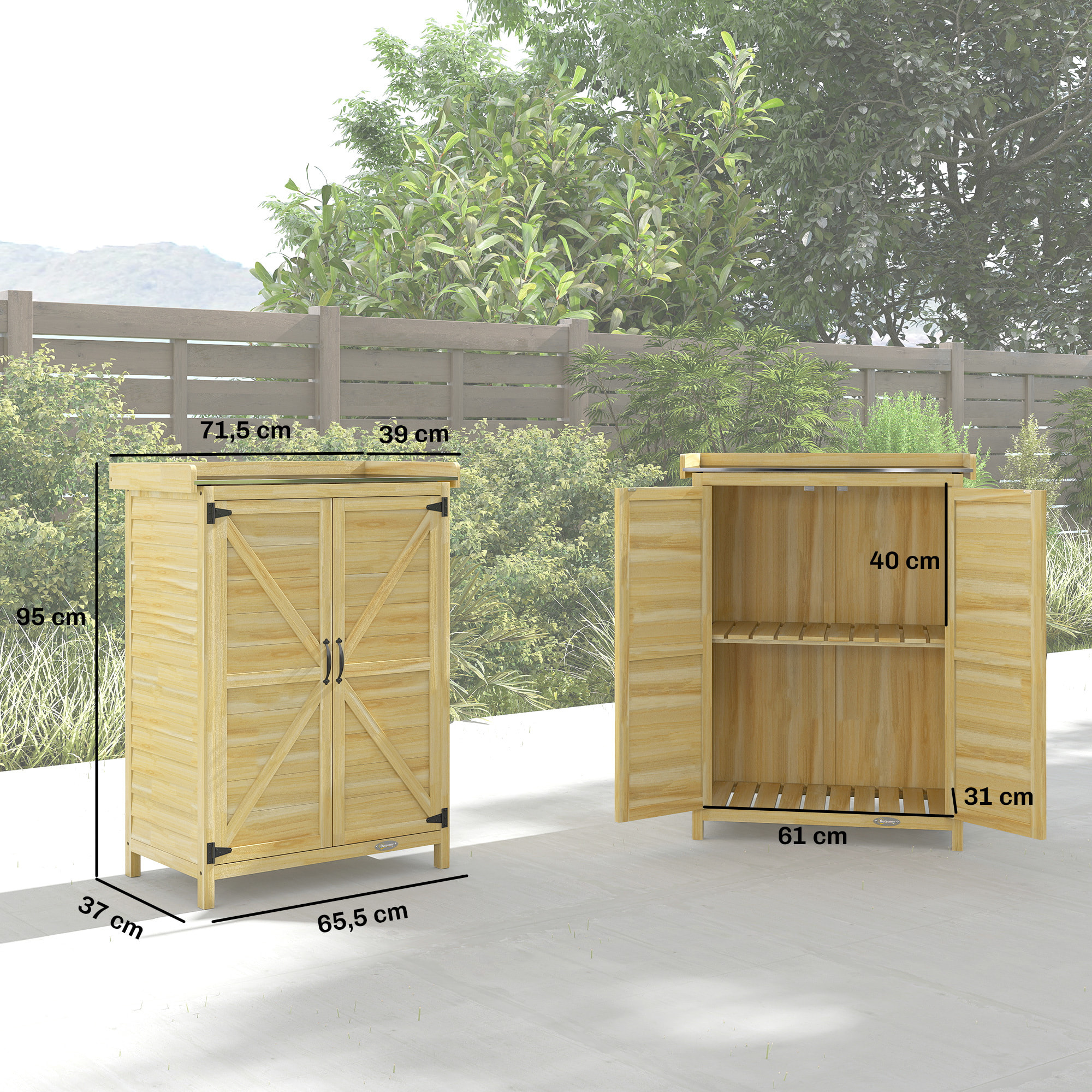 Armario de Exterior de Madera, Caseta de Jardín Exterior con Techo de Metal Galvanizado, Estantes, 2 Puertas, Ganchos, Cobertizo de Jardín para Almacenaje Herramientas, 71,5x39x95 cm, Natural