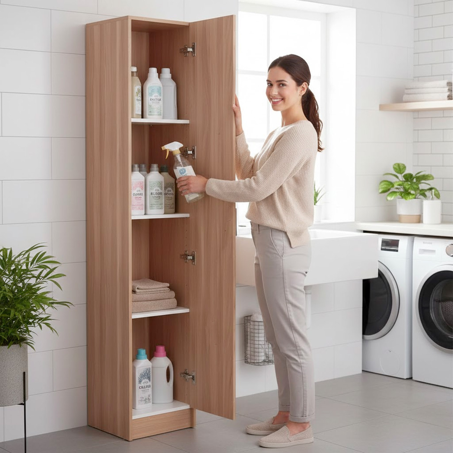 Armadio Con 1 Anta Armadietto Dispensa Mobile Multiuso Salvaspazio Con Ripiani Regolabili Anta Reversibile Cucina Ripostiglio 37 x 37 x 180 Cm Rovere