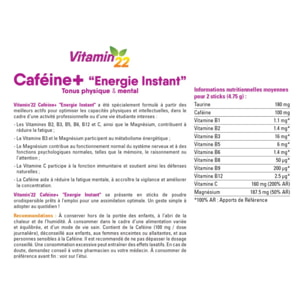 VITAMIN'22 - Caféine+ - Énergie et vitalité quotidienne - Améliore la concentration - 9 Vitamines, Magnésium, Caféine et Taurine - Sans Gluten - Cure de 7 à 14 Jours - 14 Sticks