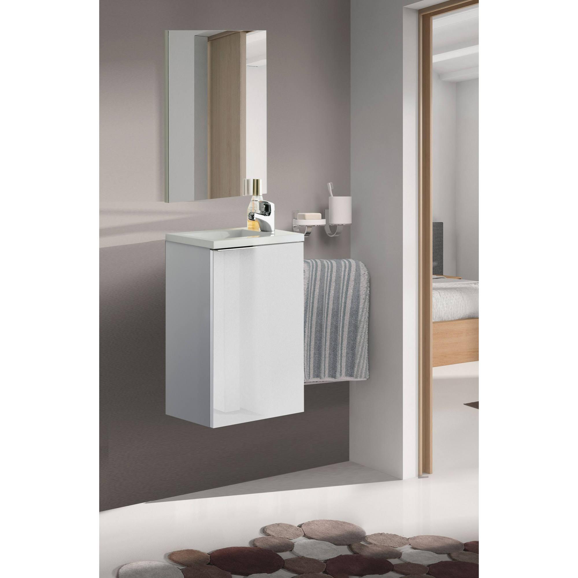 Mobile sottolavabo Peoria, Mobiletto per bagno sospeso, Armadio a 1 anta con specchio e lavabo, cm 40x22h58, Bianco lucido