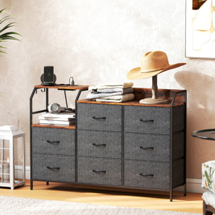 Commode 8 tiroirs non tissés anthracite station de recharge intégré acier noir effet bois vieilli