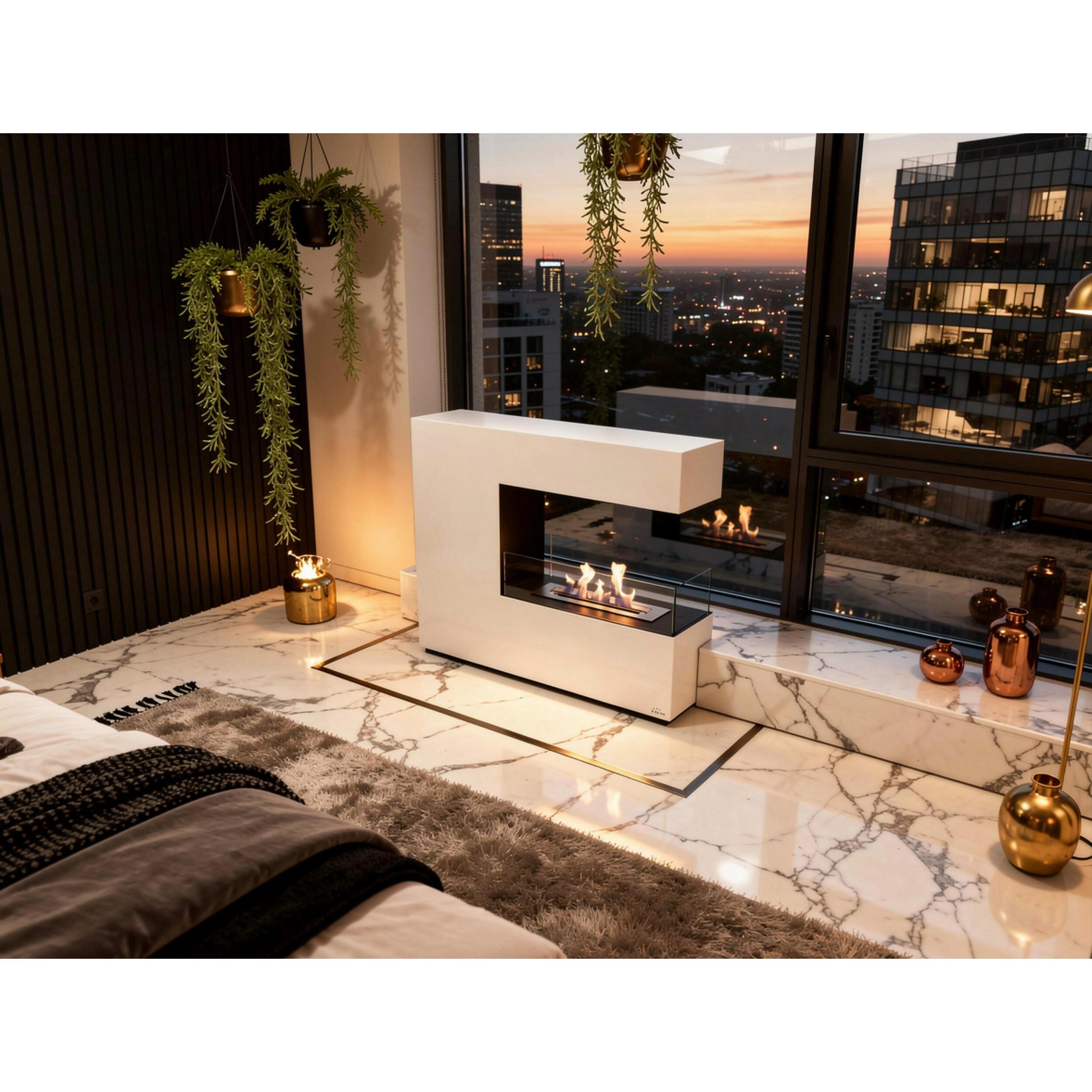 Cheminée à l'éthanol au sol en acier blanc et verre trempé