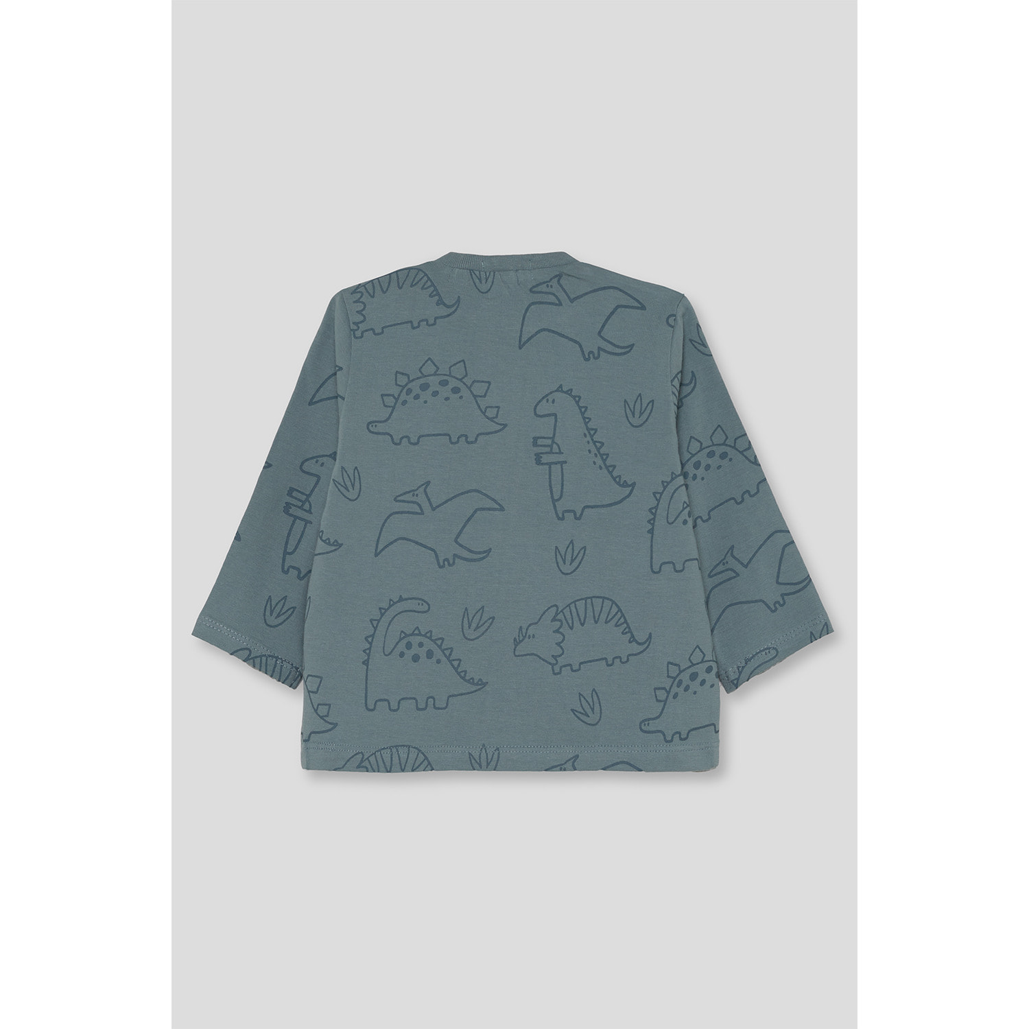 Camiseta niño azul verdoso de manga larga, estampado de dinosaurios y botón a presión en el hombro | Color: Azul verdoso | Street Monkey