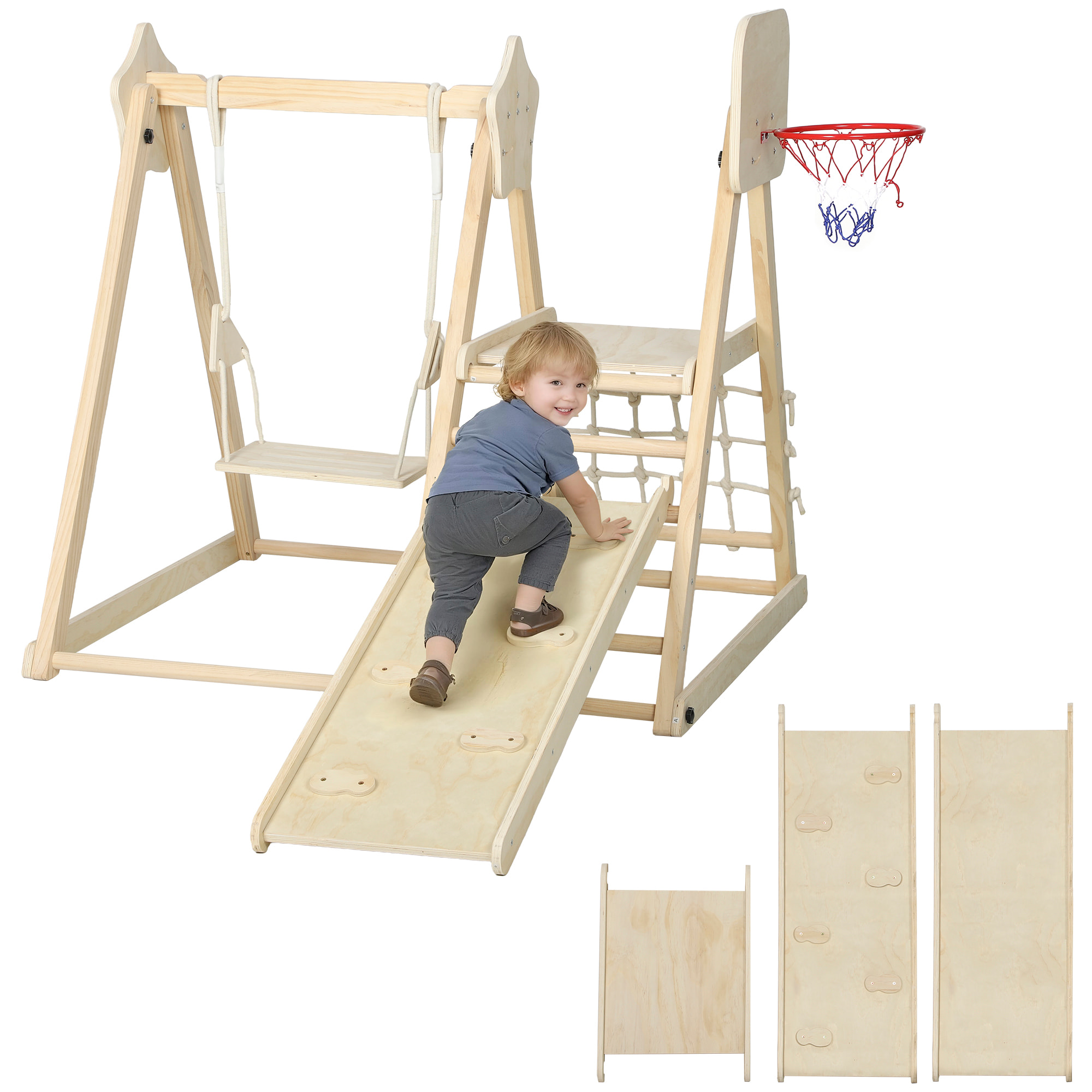 Tobogán Infantil 5 en 1, Estructura de Escalada de Madera con Tobogán, Columpio, Aro de Baloncesto, Tabla, Red de Escalada, Parque Plegable para Niños de 3-6 Años, Interior, Exterior, Natural