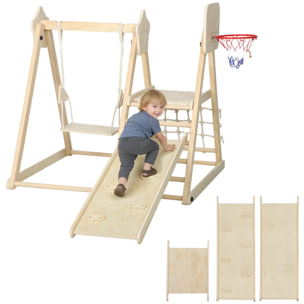 Tobogán Infantil 5 en 1, Estructura de Escalada de Madera con Tobogán, Columpio, Aro de Baloncesto, Tabla, Red de Escalada, Parque Plegable para Niños de 3-6 Años, Interior, Exterior, Natural