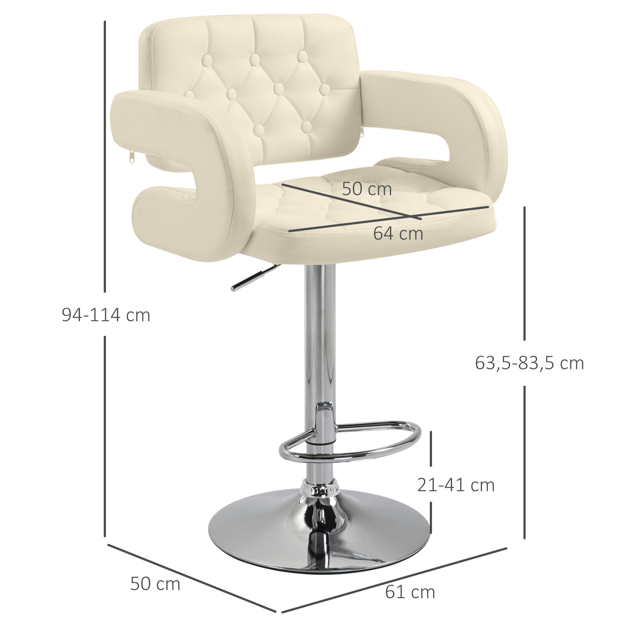 Tabouret de bar design Chesterfield - chaise de bar pivotante réglable grand confort - métal chromé beige
