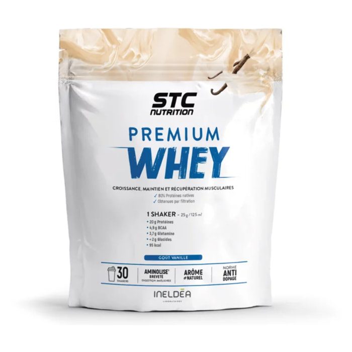 STC NUTRITION - Premium Whey - Protéines Natives Lactosérum Hypocalorique - Développement Musculaire - Aminolise Brevetée 100% Digeste - Sans Colorant ni Gluten - 30 Shakers - 750g - Vanille