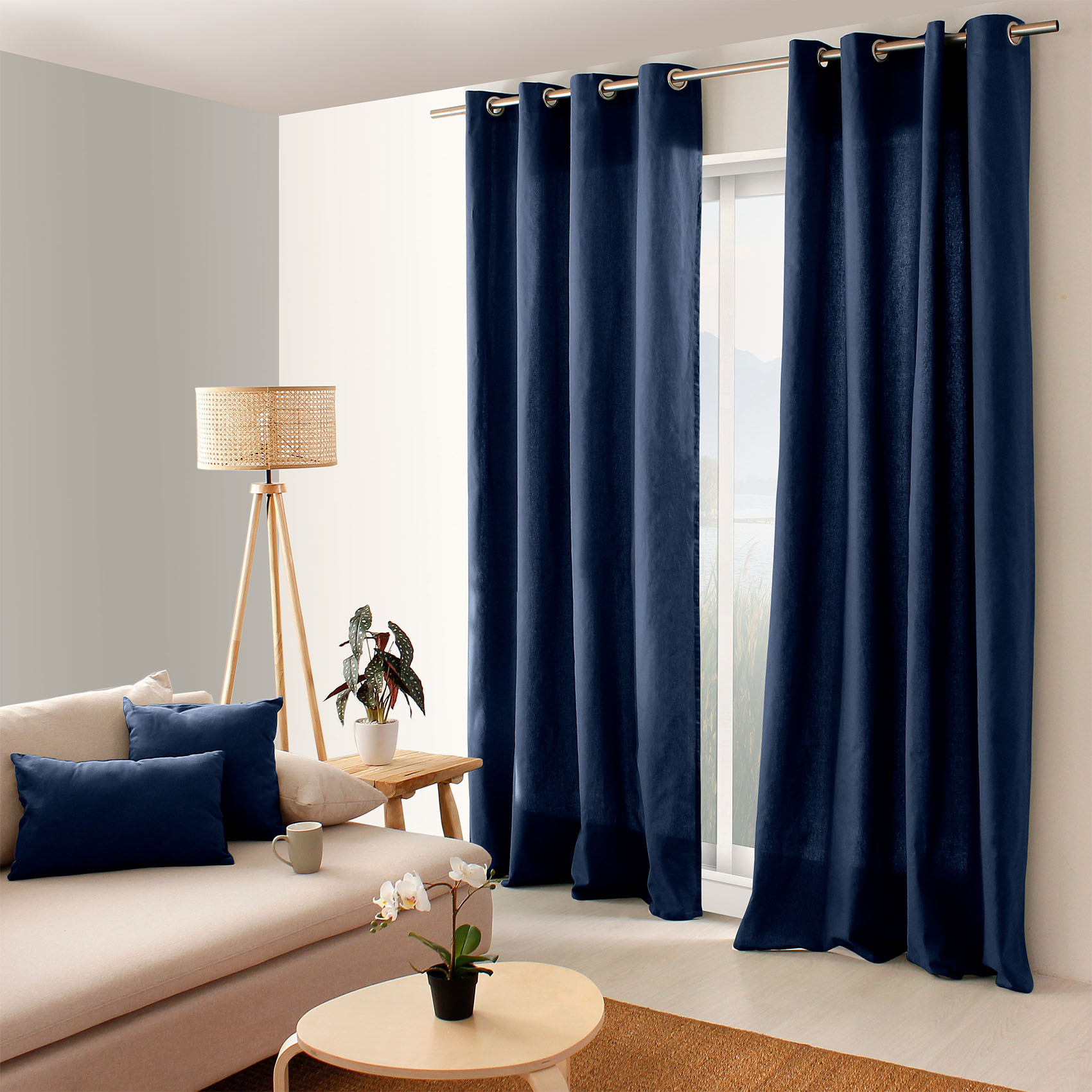 Rideau coloré en pur coton 8 œillets - Bleu Marine