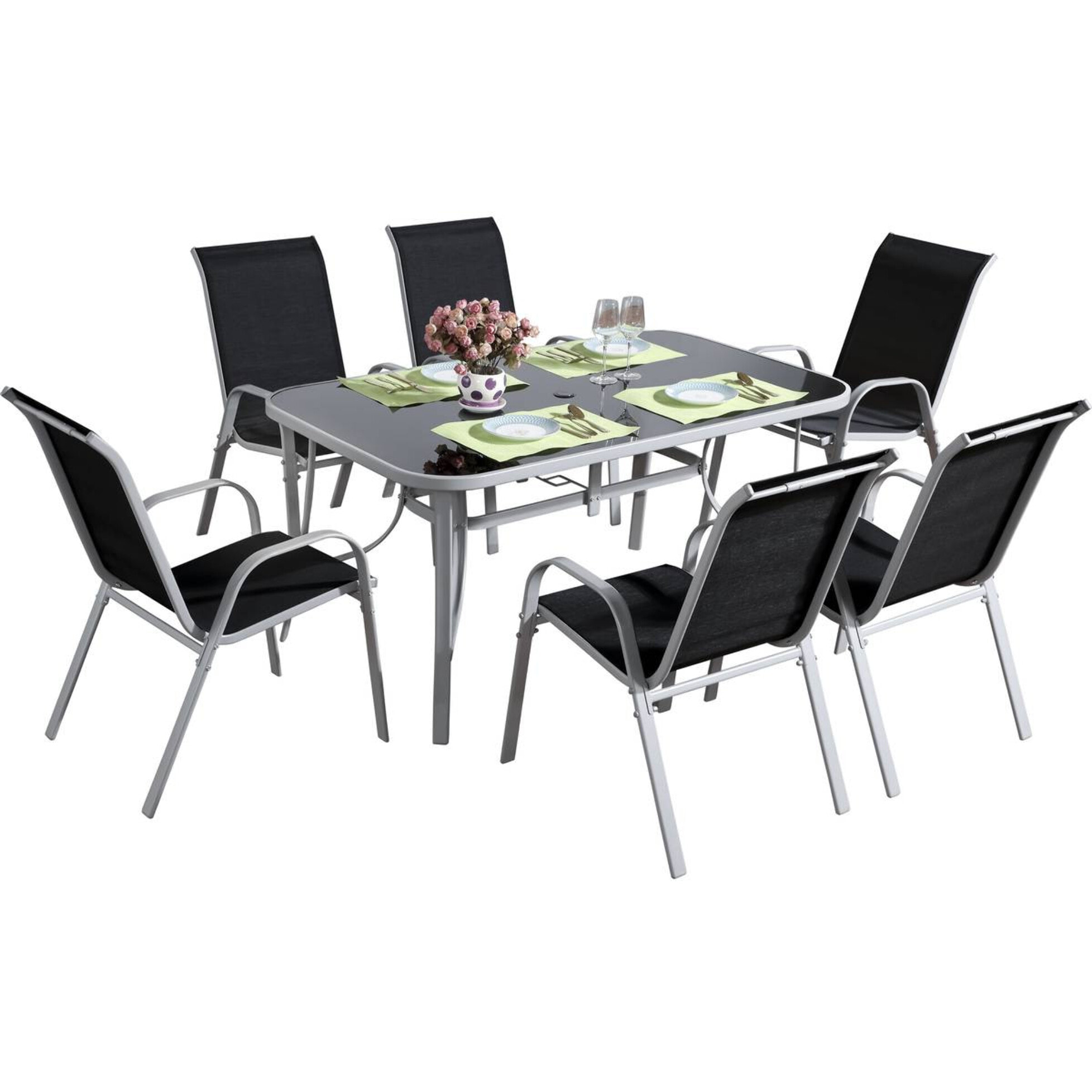 Table et chaises de jardin en textilène "Cordoba" - Phoenix - 6 places - Noir