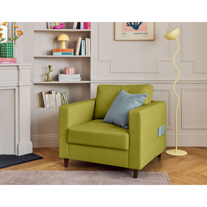 Anna - fauteuil avec poche en velours - pieds en bois - Vert Olive